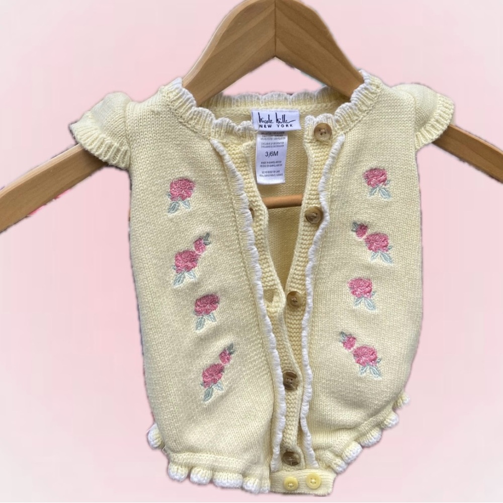 Nicole Miller Knit Sweater Romper Yellow Cream Pink Floral Embroidery